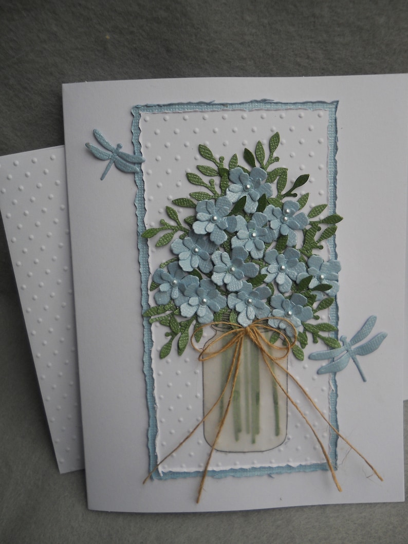 Mason jar w blue flowers w green leaves blue flowers jar Etsy