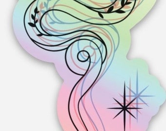 May include: A black line art illustration of a snake with a swirling body and leaves. The snake is on a pastel rainbow background with two starbursts.