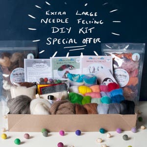 Large needle felting starter kit plus extra supplies, includes step-by-step instructions to make Christmas puddings and baby Unicorns