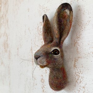 Puede incluir: Una escultura de fieltro marr&oacute;n y gris de la cabeza de una liebre con una nariz larga y ojos grandes y oscuros.