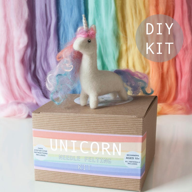 Baby unicorn beginners needle felting kit with extra supplies, British wool, step by step instructions included. image 1