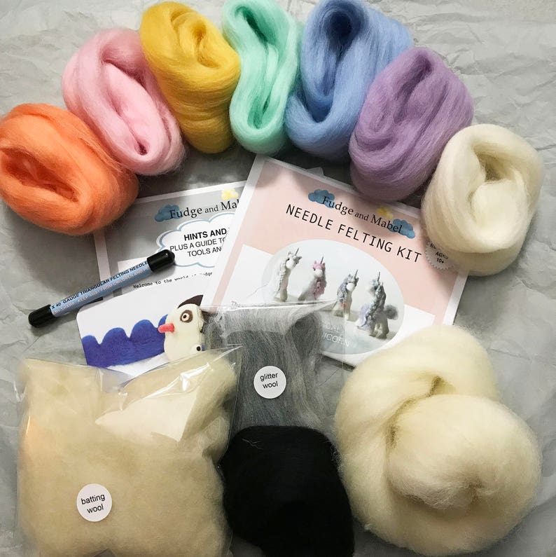 Baby unicorn beginners needle felting kit with extra supplies, British wool, step by step instructions included. image 4