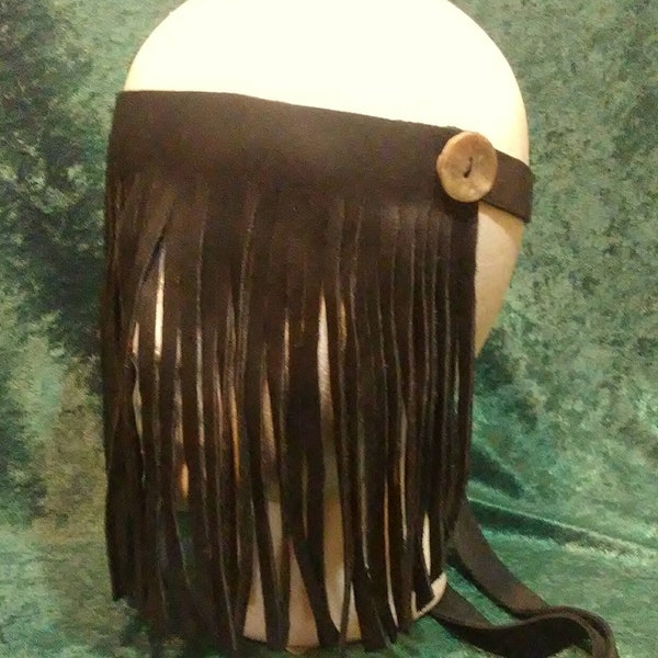 Masque chamanique personnalisé, cuir de cerf, perles de corbeau en verre, cache-œil chamanique, masque à franges du troisième œil, coupé à la main, idéal pour la méditation, travail de transe