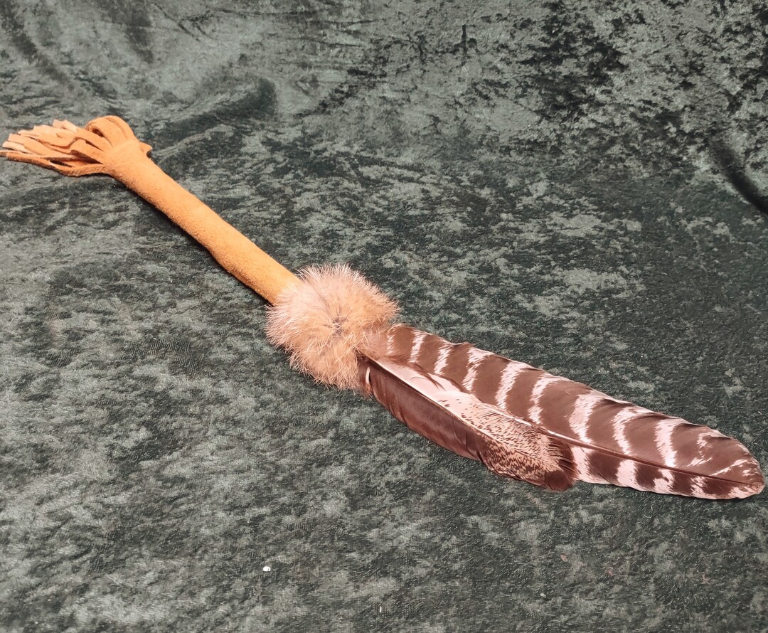 Single Feather Wild Turkey Wing Feather Ritual Fan, Natural, Deer Suede ...