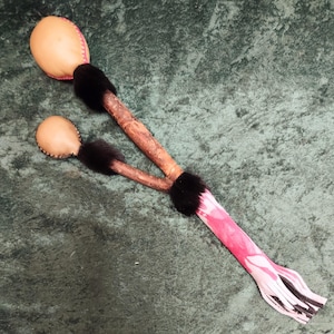 Medium/ Small Double Fancy Deer Rawhide Rattle, Pink/ Black Sinew, Deer Suede, Rabbit Fur, Shamanic Journey Ritual Healing Meditation Shaker