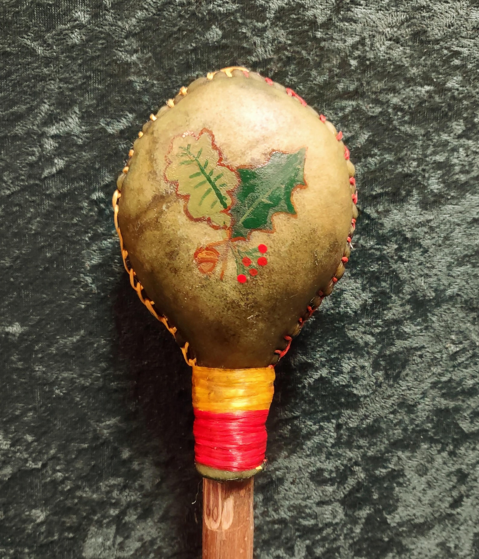 Oak King Holly King Large Dyed Elk Round Rawhide Rattle, Gold Red, Hand ...