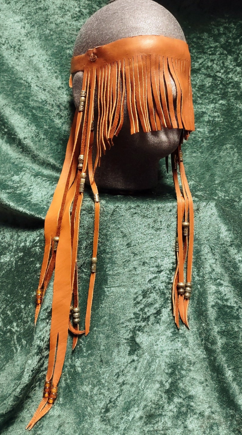Norse style ritual trance mask, hand cut deer leather with metal & glass beads.