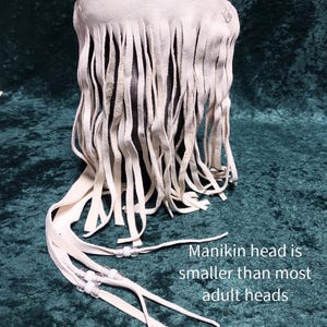 White Extra Long Shaman&#39;s Mask, Deer Leather, glass crow beads, shamanic eye cover, third eye fringe, hand cut, meditation, In Stock