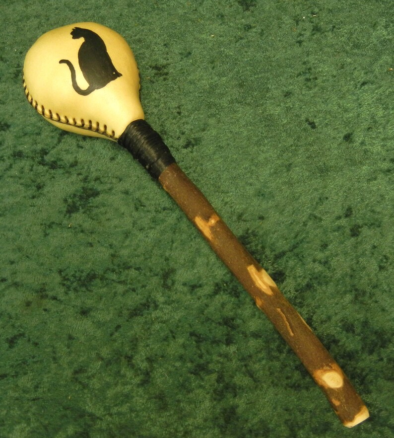 Pagan Rattle Cat Animal Totem Large or Medium Round Rawhide Rattle, Shamanic Rattle ...