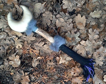 Magickal "Wisdom" Rattle: Large Crescent Moon Shaped Deer Rawhide with Mugwort & Amethyst, Black and Purple Deer Split, Grey Rabbit Fur