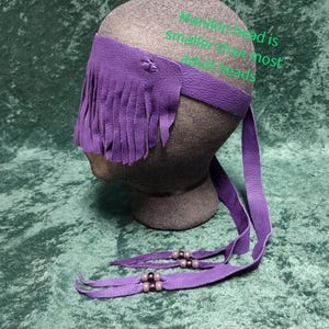 Purple Short Shaman&#39;s Mask, Deer Leather, glass crow beads, shamanic eye cover, third eye fringe, hand cut, meditation, In Stock