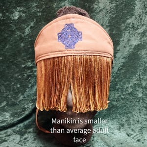 Vegan Ritual Mask, Short Lt Brown/Gold w Embroidered Blue Ceric Cross, Cotton & Rayon, pagan shaman eye cover, third eye fringe, meditation
