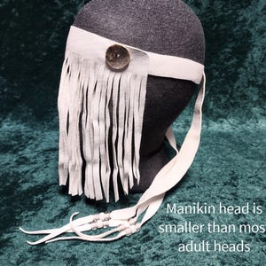 White Long Shaman&#39;s Mask with Abalone Buttons Deer Leather glass beads, shamanic eye cover, third eye fringe, hand cut, meditation, In Stock