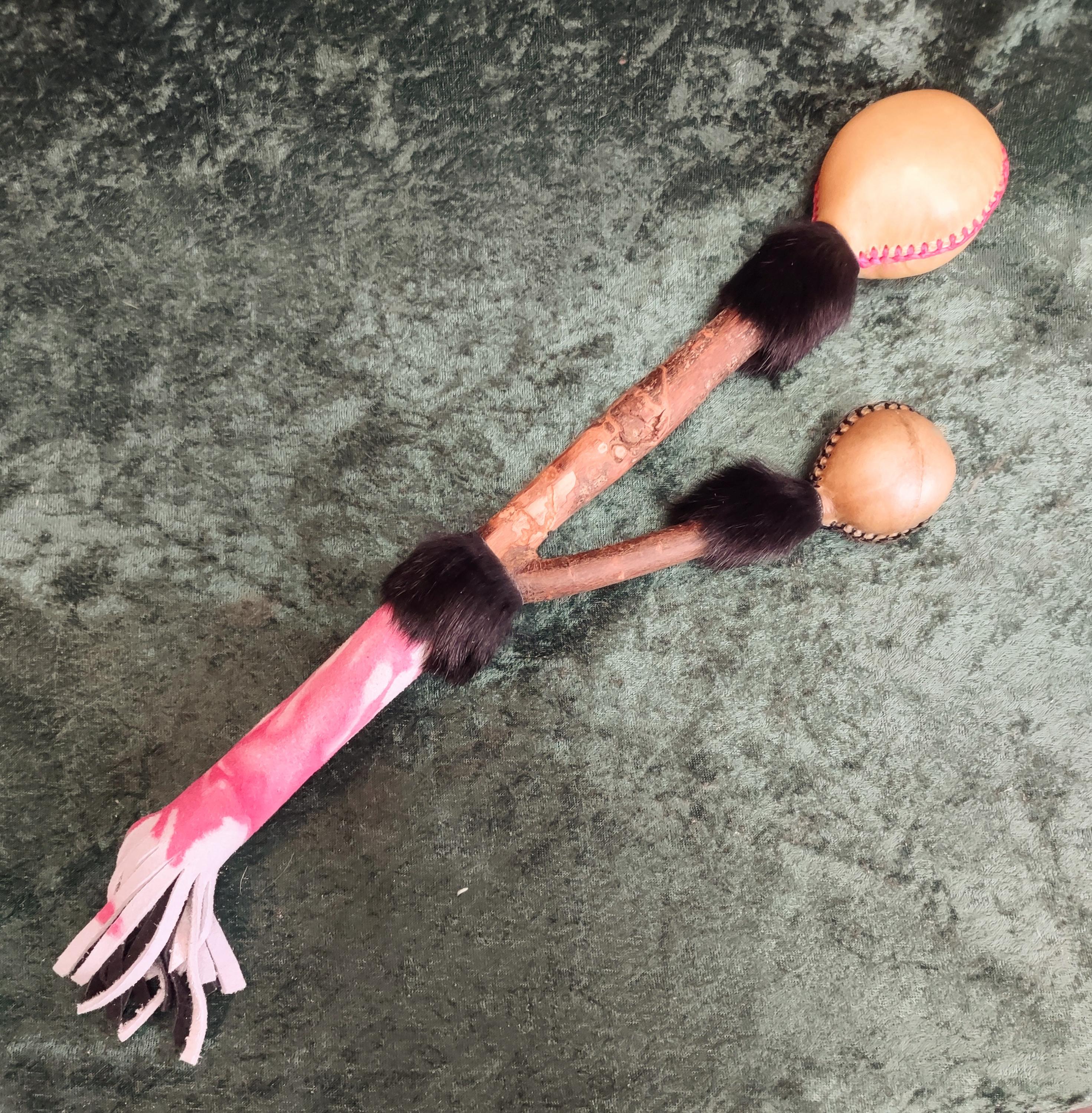 Shamanic Rabbit Medium/ Small Double Fancy Deer Rawhide Rattle, Pink/ Black Sinew, Deer ...