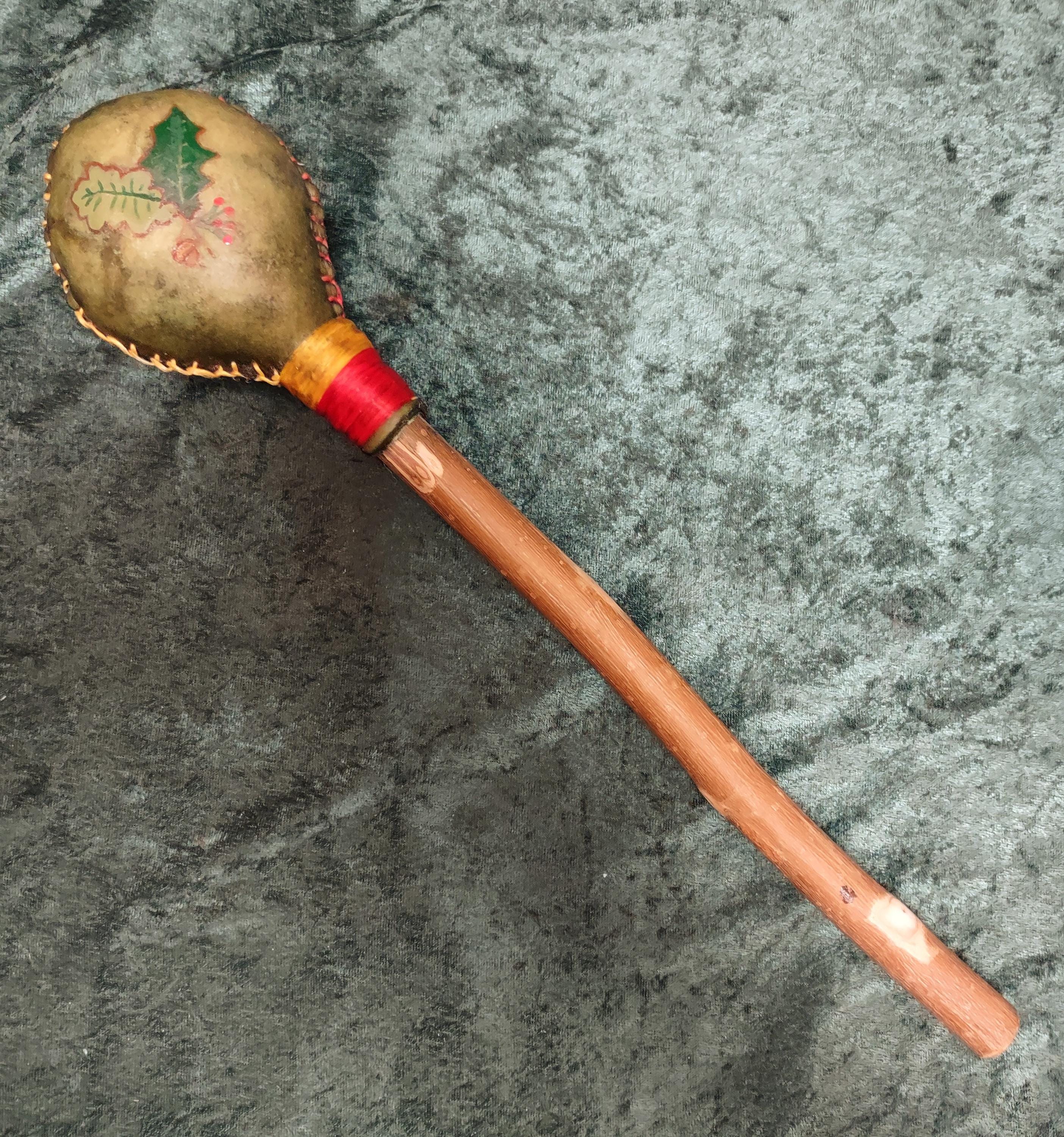 Oak King Holly King Large Dyed Elk Round Rawhide Rattle, Gold Red, Hand ...