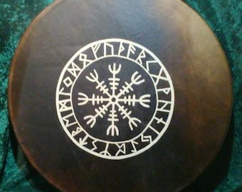 Helm of Awe w/ Elder Futhark Runes Nine Worlds Drum, Deer, Elk or Horse Rawhide Drum, 13", 15", 18" or 20", Pagan Heathen Asartru Viking