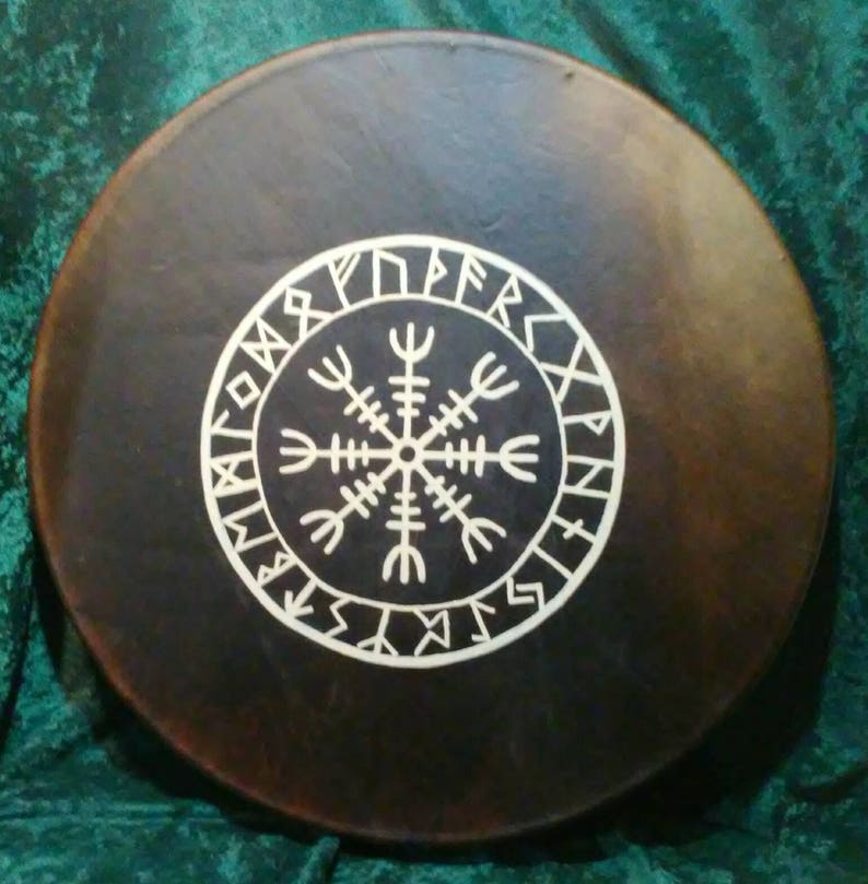 Helm of Awe w/ Elder Futhark Runes Nine Worlds Drum, Deer, Elk or Horse Rawhide Drum, 13, 15, 18 or 20, Pagan Heathen Asartru Viking 画像 1