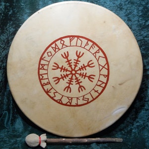 Helm of Awe w/ Elder Futhark Runes Nine Worlds Drum, Deer, Elk or Horse Rawhide Drum, 13, 15, 18 or 20, Pagan Heathen Asartru Viking 画像 3