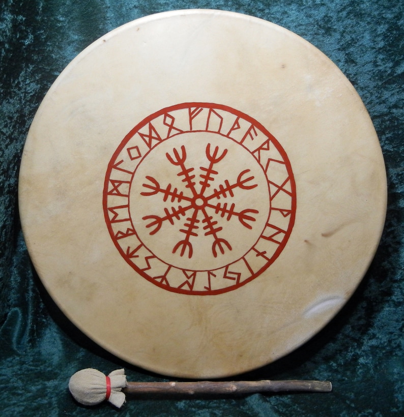 Helm of Awe w/ Elder Futhark Runes Nine Worlds Drum, Deer, Elk or Horse Rawhide Drum, 13, 15, 18 or 20, Pagan Heathen Asartru Viking 画像 3