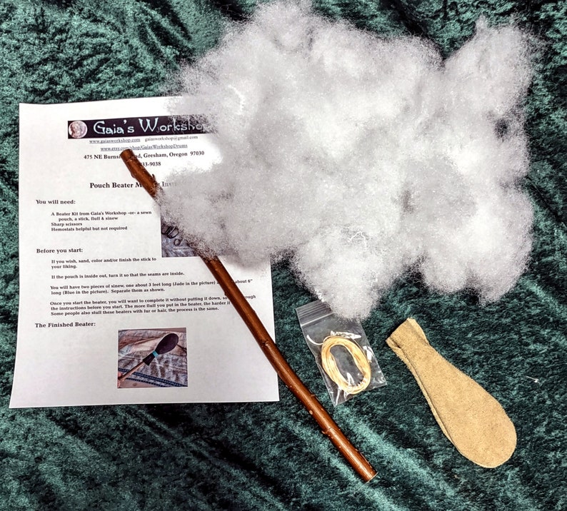 May include: A pouch beater kit with instructions, a brown wooden stick, a pouch, a bag of white stuffing, and a length of twine. The instructions include the text "Pouch Beater Making Instructions".