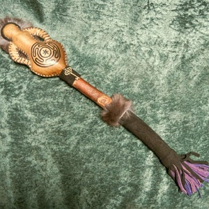 Hekate Hecate Goddess Medium Horse Rawhide Rattle, Painted, Rabbit Fur & Deer Suede, Greek Deity Mythology Pagan Witch Ritual Shaker