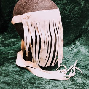 White Long Shaman&#39;s Mask, Deer Leather, glass crow beads, shamanic eye cover, third eye fringe, hand cut, meditation, In Stock