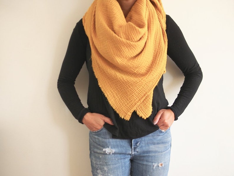 Golden Mustard Gauze Blanket Scarf, Triangle Scarf, Double Gauze, Cotton image 2