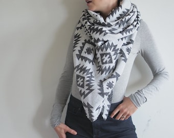 White and Grey Aztec Print Triangle Scarf