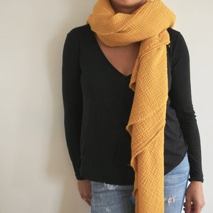 Golden Mustard Gauze Blanket Scarf, Triangle Scarf, Double Gauze, Cotton image 1