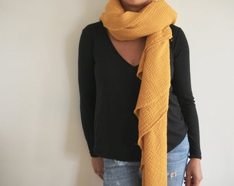 Golden Mustard Gauze Blanket Scarf, Triangle Scarf, Double Gauze, Cotton