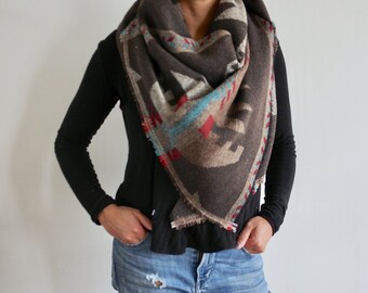 Beige, Black Blue and Red Aztec Triangle Scarf