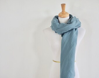 Mist Blue Gauze Blanket Scarf, Triangle Scarf, Double Gauze, Cotton