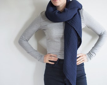 Navy Gauze Blanket Scarf, Triangle Scarf, Double Gauze, Cotton