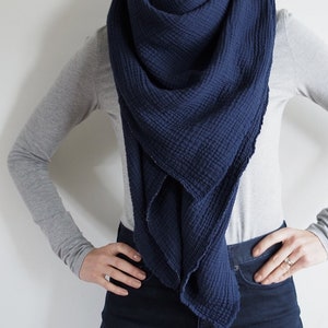 Navy Gauze Blanket Scarf, Triangle Scarf, Double Gauze, Cotton image 2