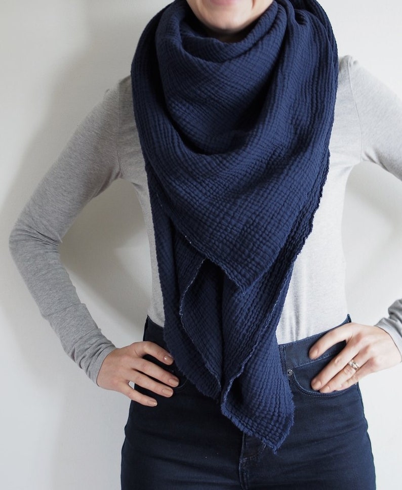 Navy Gauze Blanket Scarf, Triangle Scarf, Double Gauze, Cotton image 2