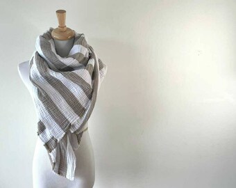 White and Tan Striped Gauze Scarf