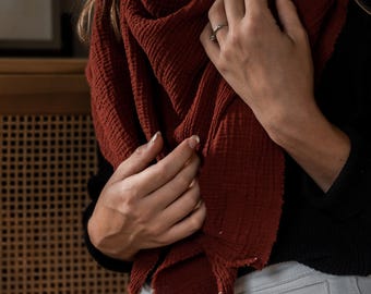 Terra Cotta Gauze Blanket Scarf, Triangle Scarf, Double Gauze, Cotton