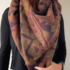 Autumn Southwest Triangle Scarf, Gold, Copper, Green, Burgundy, Blanket Scarf image 1