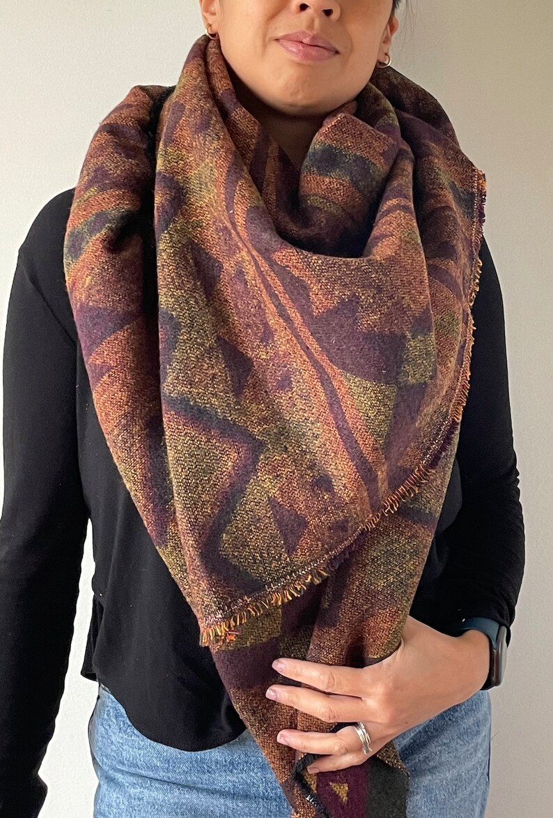 Autumn Southwest Triangle Scarf, Gold, Copper, Green, Burgundy, Blanket Scarf image 1