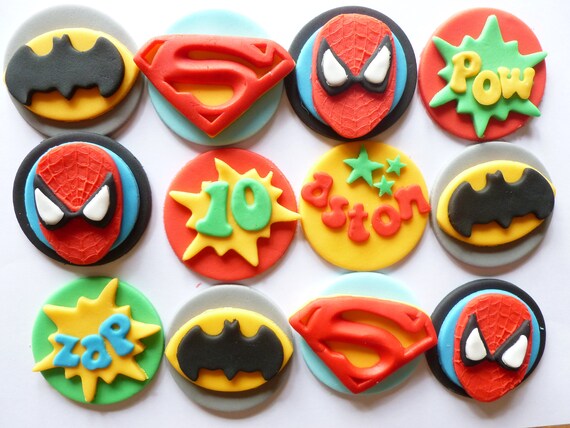 Super Hero Fondant Cupcake Toppers Batman Spiderman Etsy