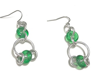 CHAINMAIL EARRINGS Chainmail Green Glass Rings Dangle Earrings Long Drop Earrings Chainmaille Jewelry Boho Chic Green and Silver Earrings