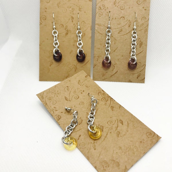 Long Chain Earrings with GLASS Colored Donut Ring at the Bottom Elegant and Dressy Minimalist Jewelry