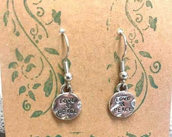 Love and Peace Earrings, Silver Hammered Charm Peace Earrings