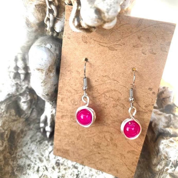 Hot Pink Wire Wrapped Bead Earrings