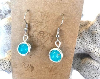 Ice Blue Wire Wrapped Bead Earrings