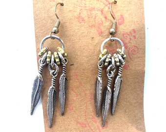 Long Feather Earrings, Feather Charms Dangly Earrings