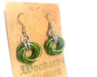 Lime Green Earrings, Chainmail Earrings, Large Celtic Earrings