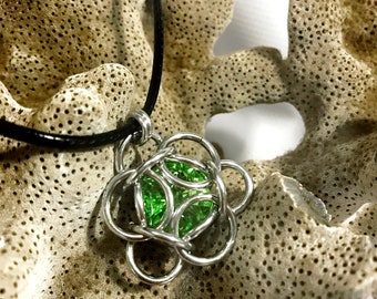Captured Crystal Necklace Chainmail Pendant Swarovski Peridot Crystal