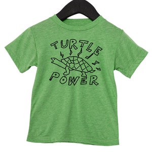 May include: Green short-sleeved t-shirt with a black graphic of a turtle with the text "TURTLE POWER" underneath.