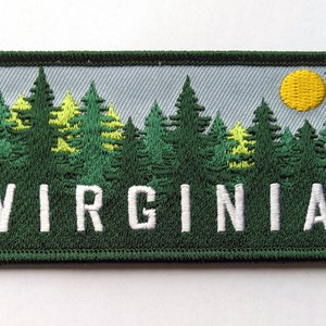 May include: Green embroidered patch with a forest scene and a yellow sun. The text "VIRGINIA" is embroidered in white.